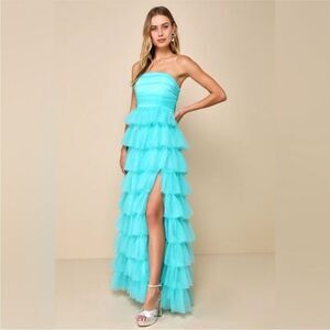 Lulus NWT Fabulous Existence Teal Green Tulle Strapless Tiered Maxi Dress Small